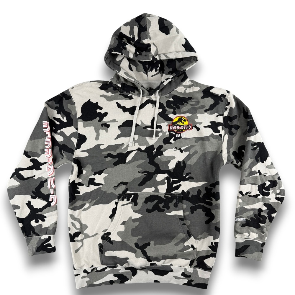 BAIT x Jurassic Park Damage Control Hoodie‎ Mens L Camo Graphic Katakana Fleece